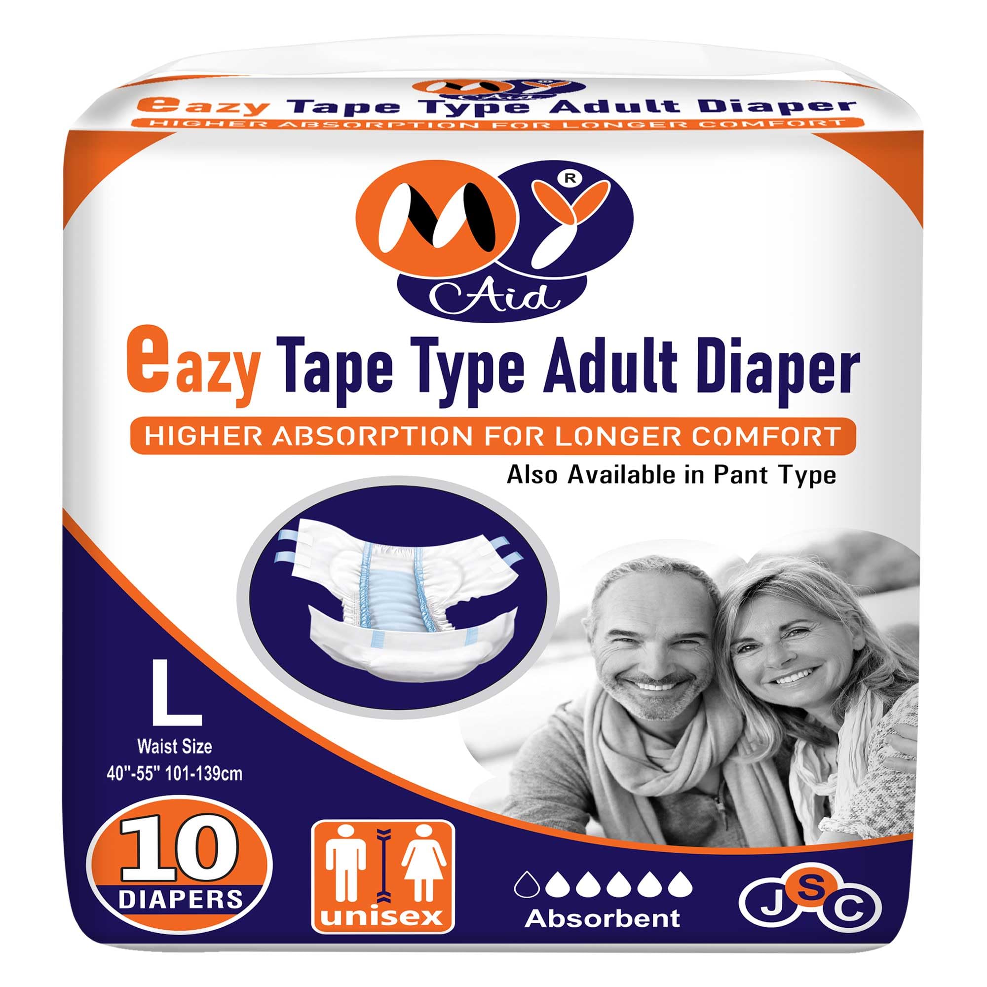 Easy Tape Type | Large | Waist 101-139cm | 8 hr Absorption-Protection | Unisex | Odour Control | Leak Proof | Pack- 3 - L (30 Pieces)