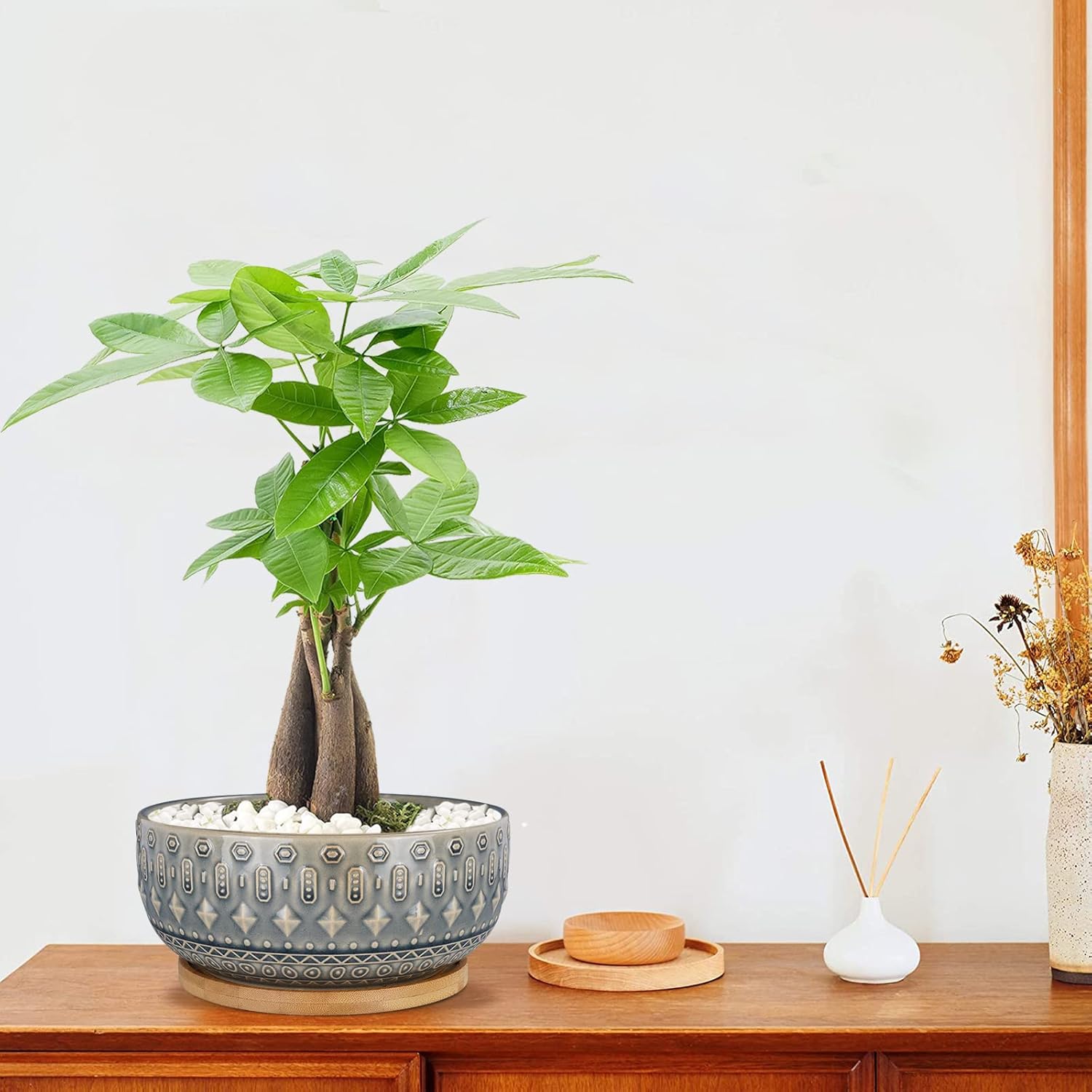 8 Inch Ceramic Succulent Planter Pots with Drainage Hole Flower Pot for Indoor Plants Round Shallow Bonsai Pot with Bamboo Tray Blue