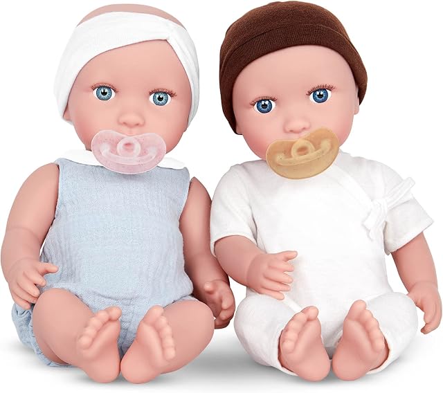 babi by Battat  36 cm Newborn Baby Dolls Soft Bodies  Twin Girl & Boy  Medium-Light Skin Tones with Blue Eyes  Removable Outfits & Pacifier Accessories  Childrens Toys for Kids Ages 2+
