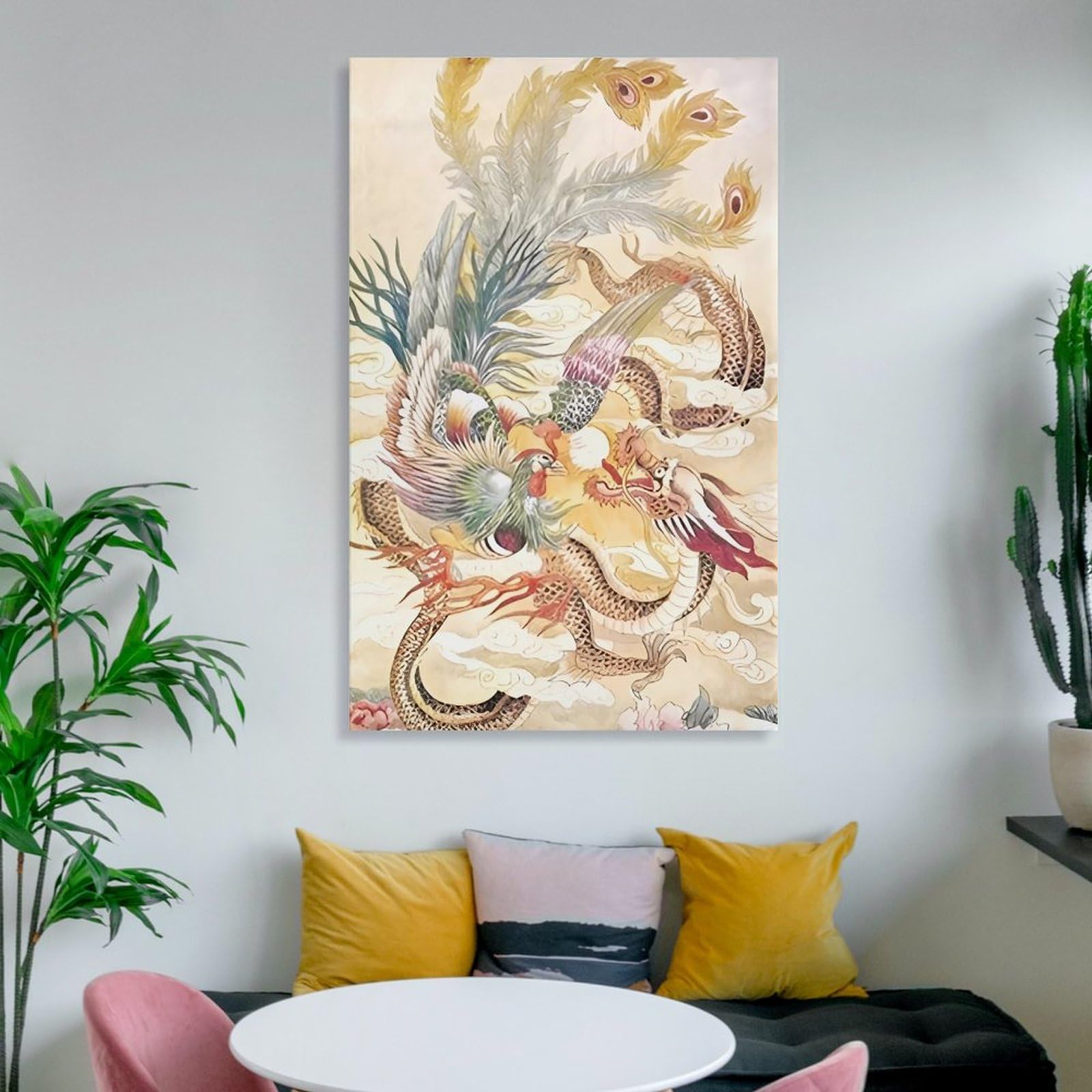 Amazon.co.jp: 龍と鳳凰 ピンクの牡丹 中国の伝統的なレトロ アート  