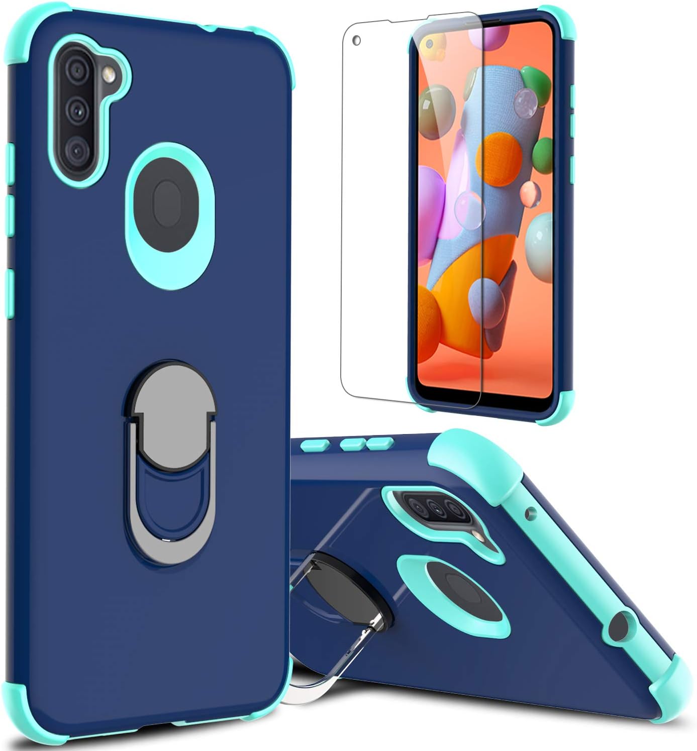 lovpec Compatible with Galaxy A11 Case with Screen Protector, Ring Holder Kickstand Shockproof Protective Phone Cover Case for Samsung Galaxy A11 / for Samsung SM-A115F (Navy)