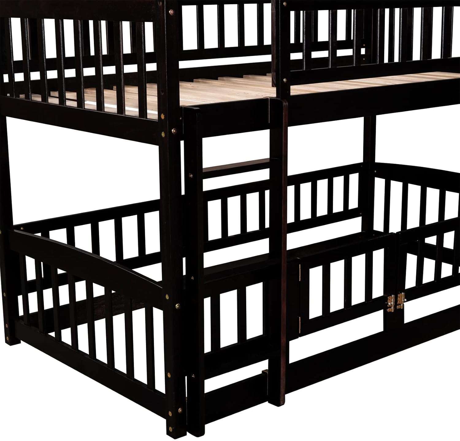 Bellemave Twin Over Twin Low Bunk Bed with Slide and Fence Railings Wood Floor Bunk Beds with Ladder for Kids Boys Girls Teens, Espresso