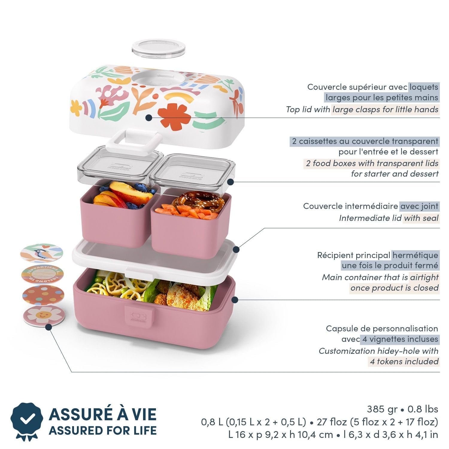 MONBENTO Lunch Box Enfant 3 Compartiments Sans BPA Rose Motif Floral