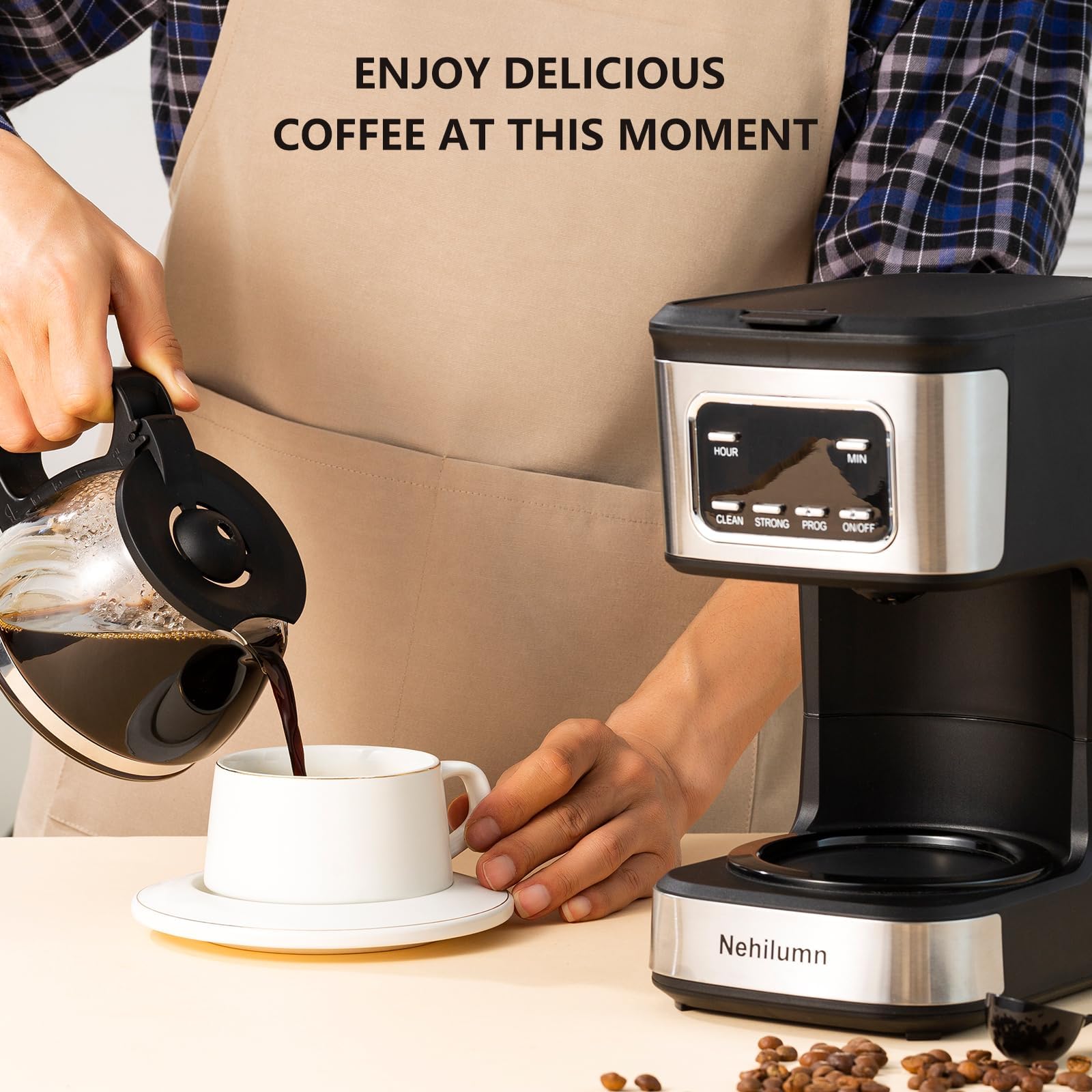 Nehilumn 5-Cup Programmable Coffee Maker - Reusable Filter, Clear Water Level Indicator, Auto Shut- Off, Black &Stainless Steel Coffee Pot — view 4