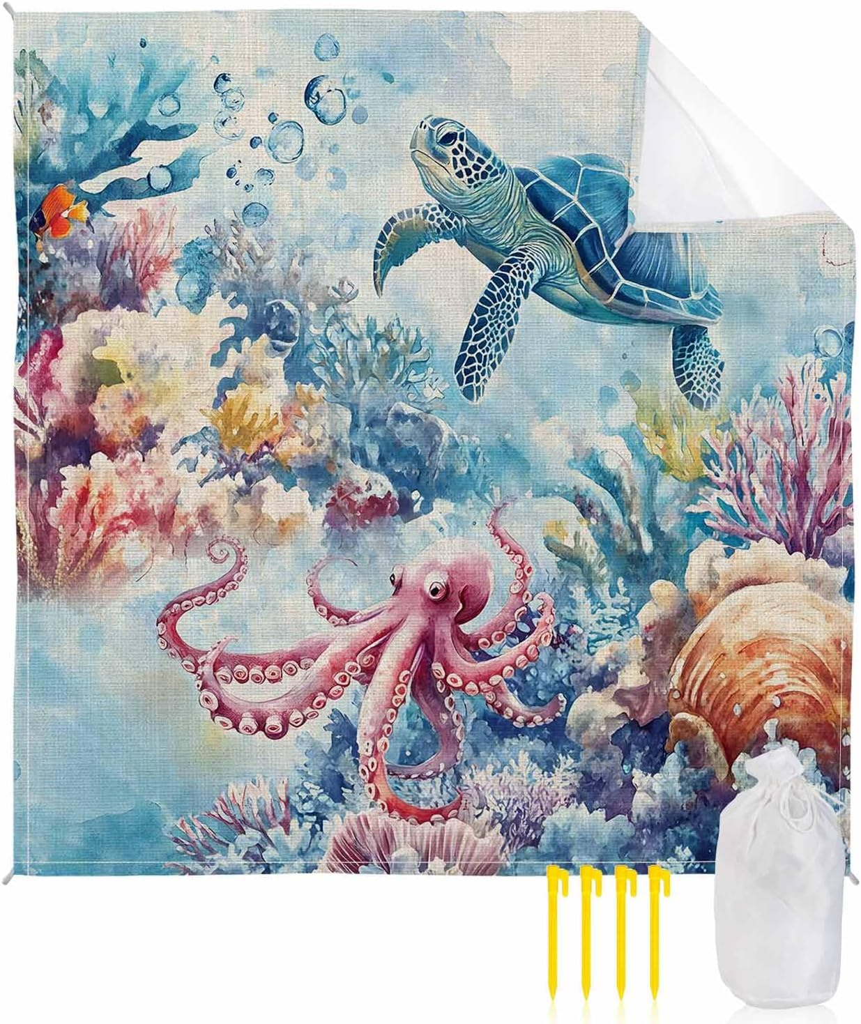 Linen Underwater World Turtle Octopus Coral Beach Blanket Extra Large 83x79in Outdoor Waterproof Sandproof Picnic Blankets with Stakes Lightweight Beach Mat for Camping Travel Hiking,Marine Creature