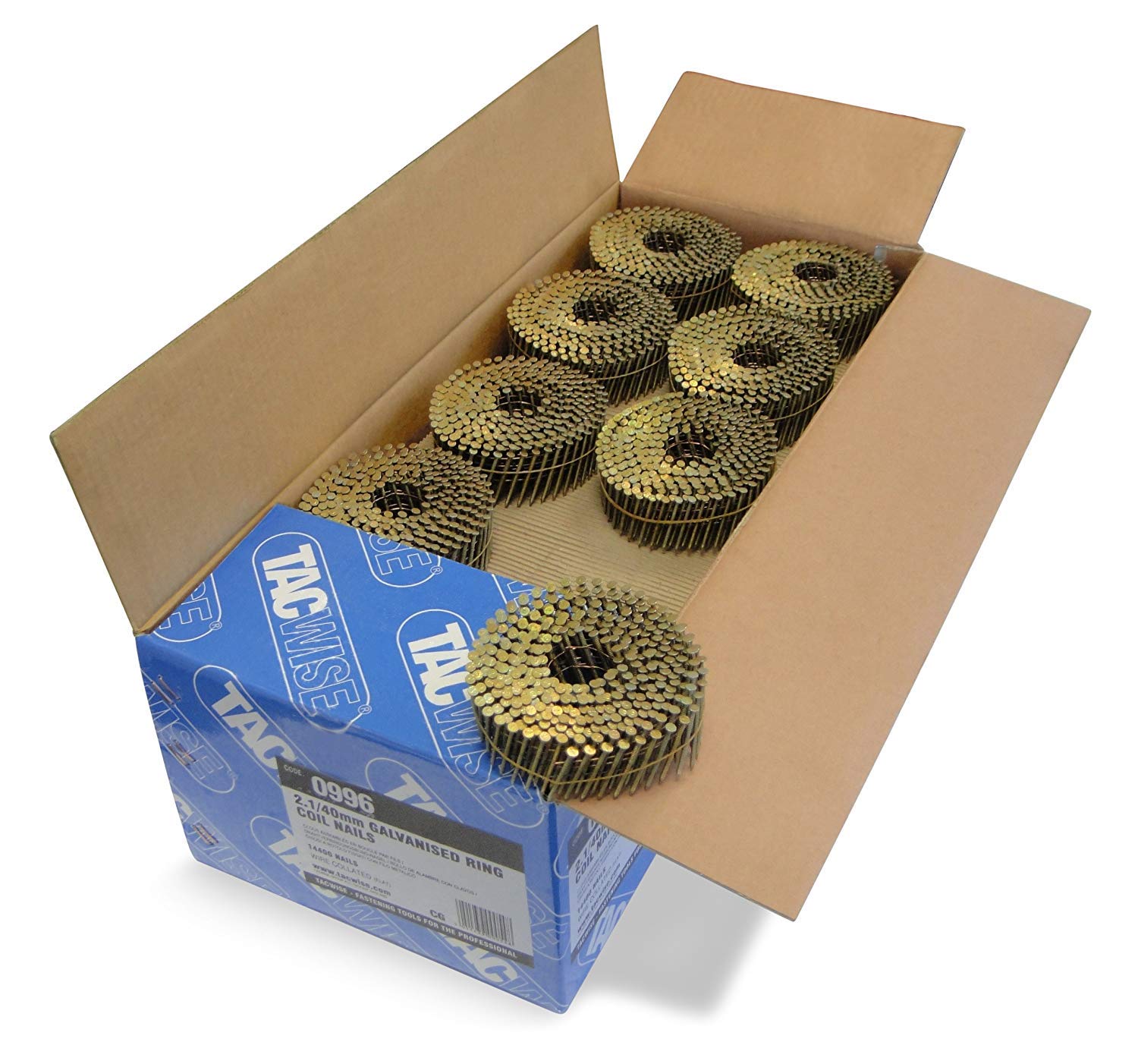 Tacwise Silver Boxes Of 14400 2.1/40Mm Galvanised Ring Flat Top Coil Nails - 0996 Size 3