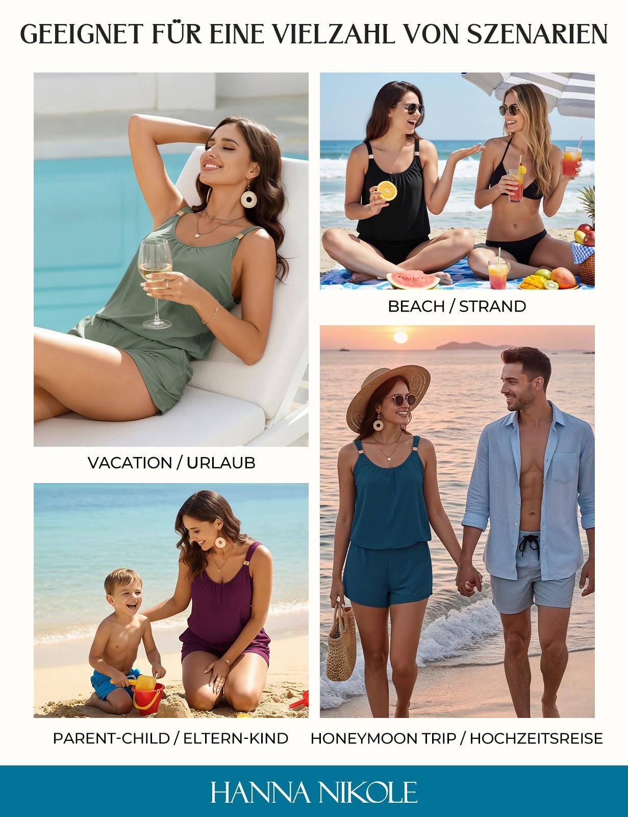 Hanna Nikole Romper Badeanzug Damen Sport,Push up Einteiliger Badeanzug mit Shorts,Boyleg-Shorts mit Taschen,2026 Bescheidene Modest Bademode mokini