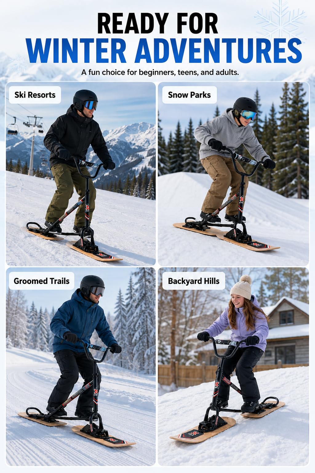 Nuovo Modello Di Snow Scooter/Slitta Con Sci, Manubrio Antiscivolo E Sci Per Tutti I Terreni, Facile Usare, Sicuro, Con Sterzo A 360°, Ideale Per Stazioni Sciistiche E Piste Sci Naturalwoodcolor
