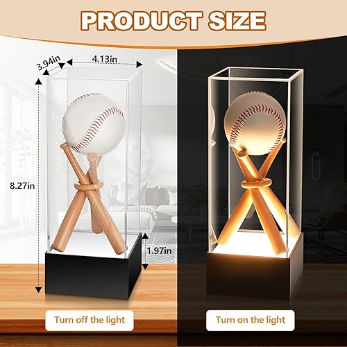 Miniatura 3 de Menkxi Vitrina de béisbol con base de luz LED, soporte de béisbol con palos de madera, soporte de exhibición de acrílico transparente con protección