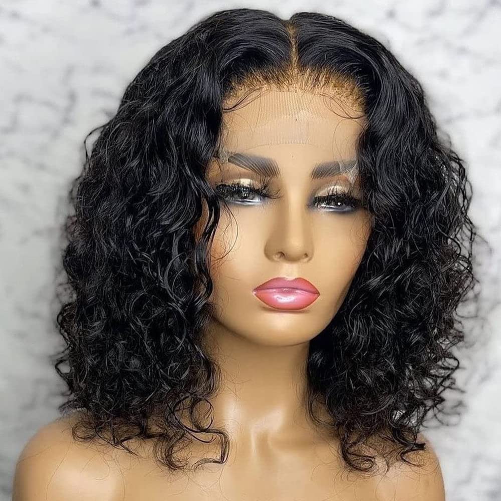 ten chopsticks Short Bob Curly HD Invisible 13X6 Lace Frontal Wig Human Hair for Women with Baby Hair Bleached Knots Brazilian Virgin Short Loose Deep Water Wave HD Lace Human Hair Wigs 150 Density