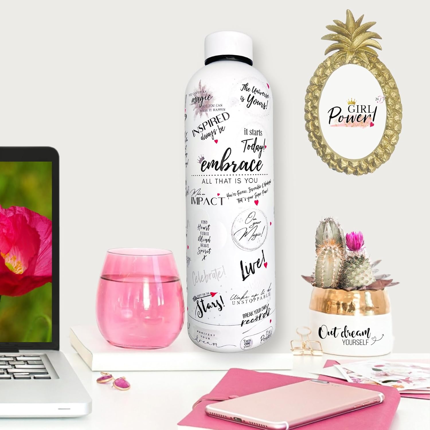 24oz Motivational Water Bottle – Be Unstoppable, Stainless Steel, Affirmation Bottle, Positive Gift for Women, Boss Lady, Inspirational Drinkware for Gym, Office, Travel