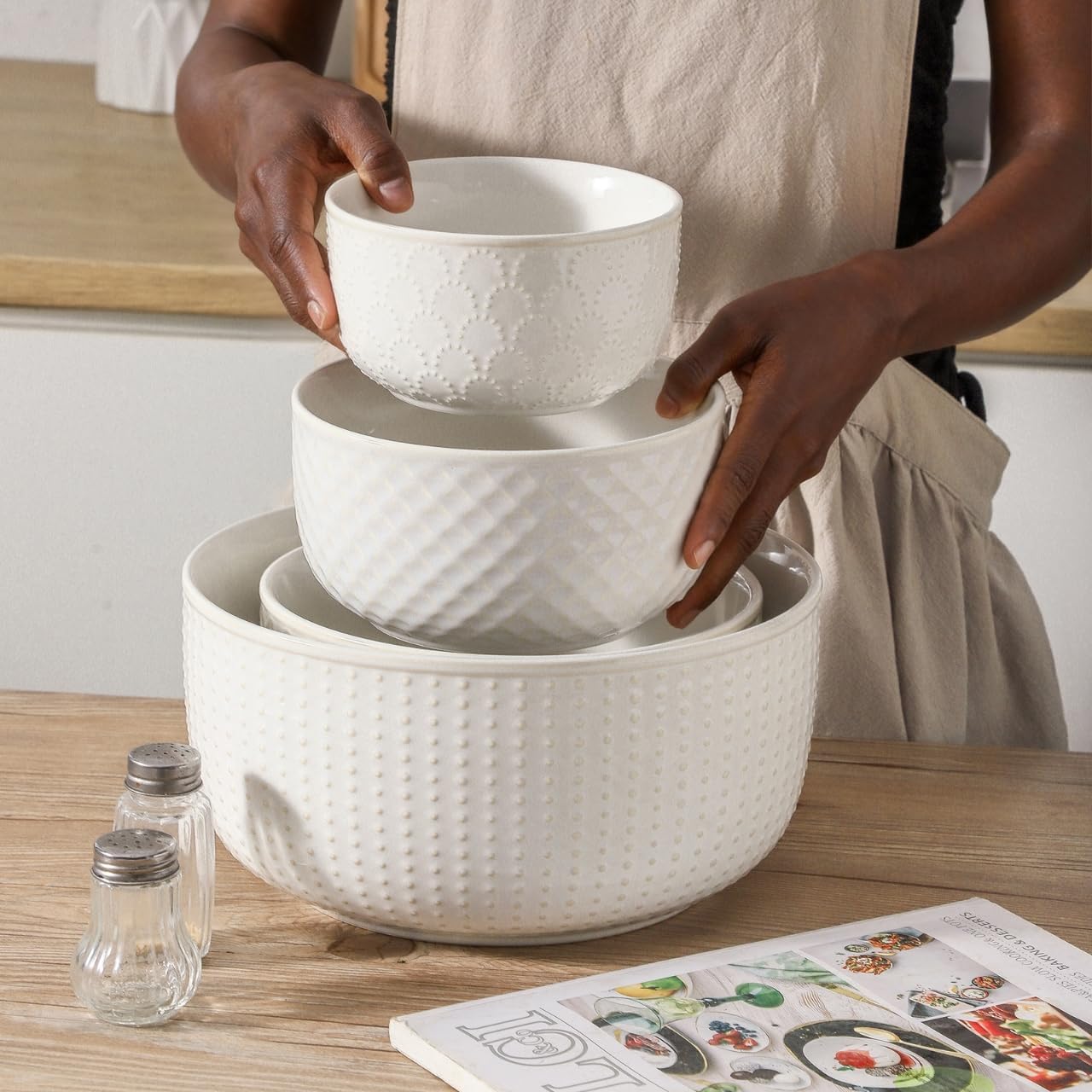 Ceramic Mixing Bowls, 27/53/84/162 oz, set of 4, Embossed large Mixing Bowl set, Serving bowls, Kitchen Dishware, Prep, Gift, Microwave and Dishwasher Safe, Modern Farmhouse Decor - Image 6