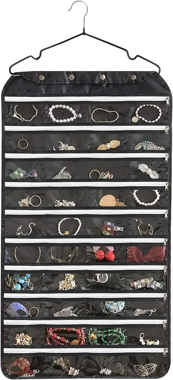 BB Brotrade Hanging Jewelry Organizer with Oxford Double Side 80 Zippered Storage Pocket (black)