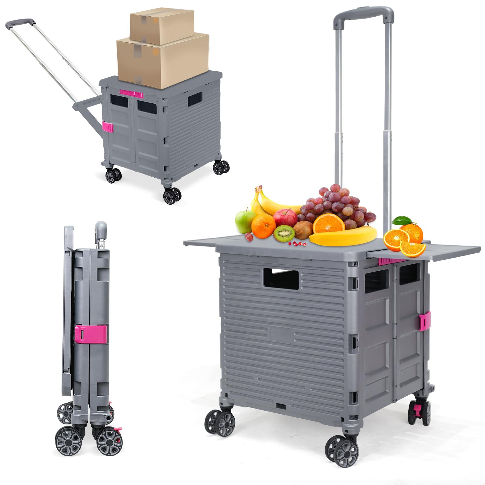 Foldable Utility Cart Collapsible Portable Crate Rolling Carts with Magnetic Lid Telescopic Handle Wear-Resistant 360°Rotate Noiseless Swivel Wheel for Shopping Travel Storage Luggage Office (Grey)