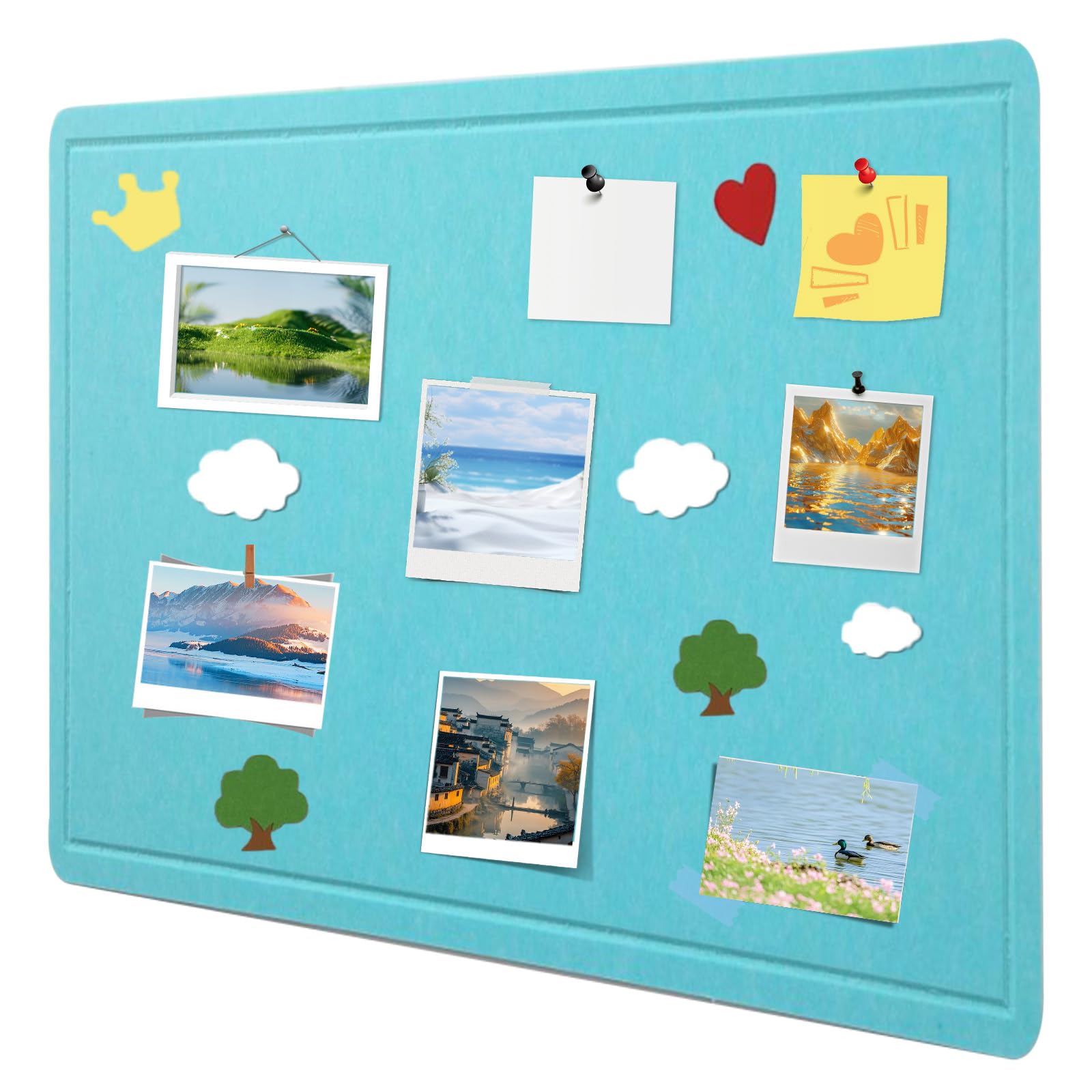 60 x 40 cm large cork board, large pin board, decorative cork wall made of felt, 0.9 cm thick, foldable photo board with self-adhesive tape, felt self-adhesive vision board, push pins felt, sea blue