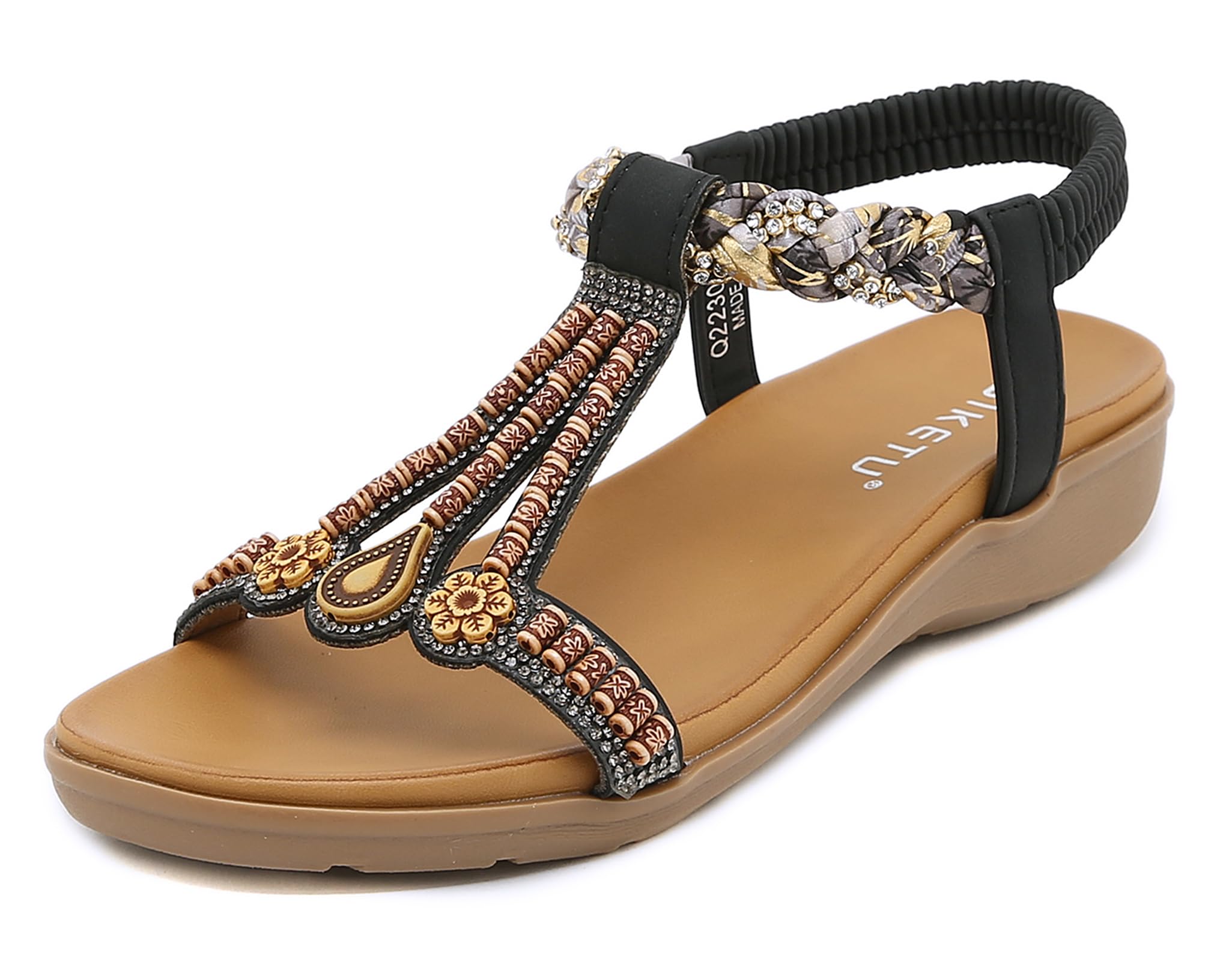 Meik Mangni Damen Sandalen Sommer Bohemian Flache Zehentrenner Strass Sandaletten Strand Schuhe Plattform Flip Flops Gr.36-42