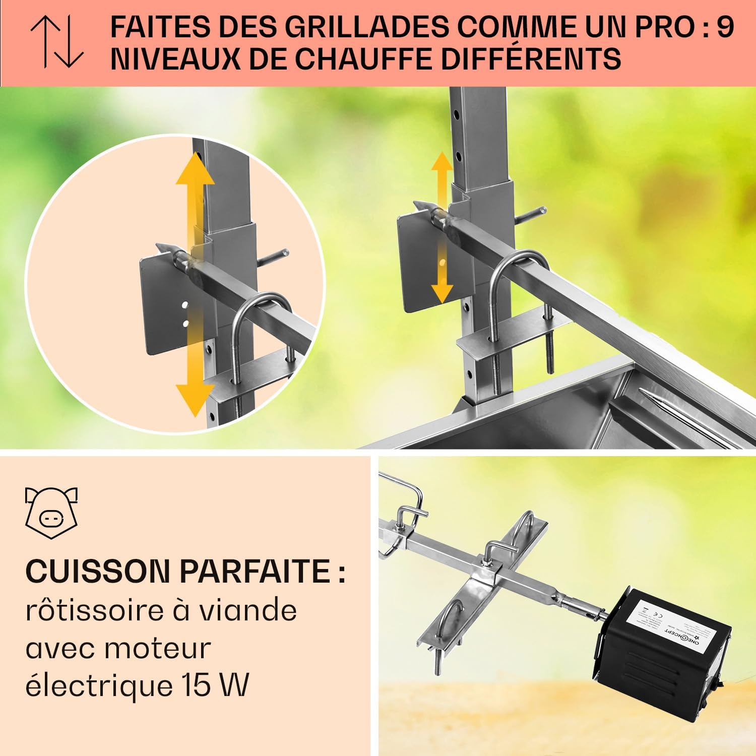 Close-up of the rotisserie height adjustment mechanism