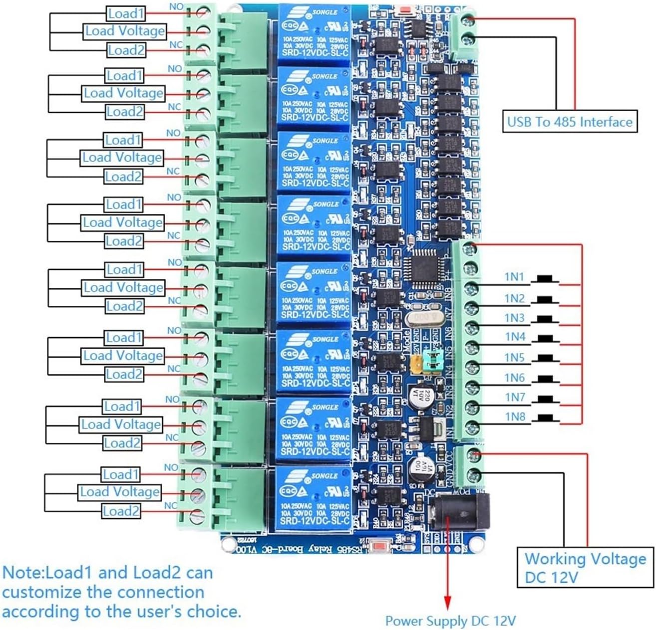 12V Modbus RTU 8-Channel Relay Switch RS485 TTL Communication Port at Command Control DIY Electrical Equipment Safety Monitor