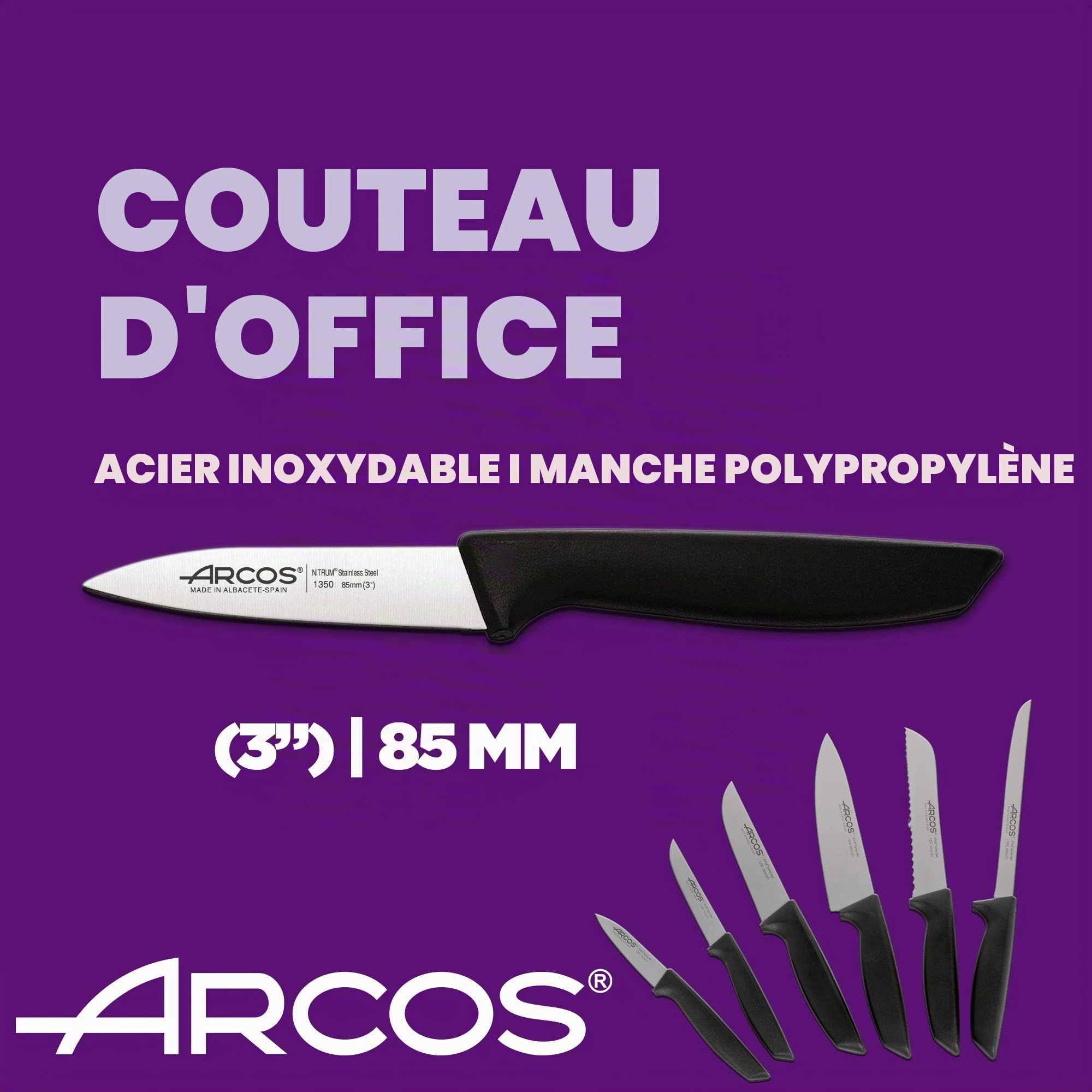 Arcos Jeu de couteaux de cuisine professionnels | Couteaux de cuisine professionnels | 6 pièces | Couteaux en acier inoxydable Poignée noire | Ustensiles de cuisine série Nice | Passe lave-vaisselle