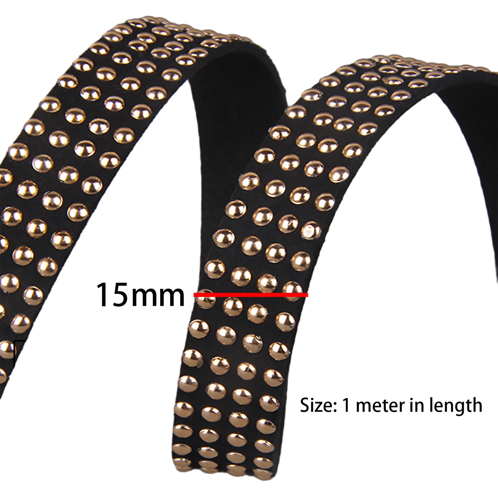 15mmx1m Black Studded Faux Suede Cord Flat Leather Strip Faux Leather Trim with Rivet for DIY Crafts Jewelry Making Gold - Image 4