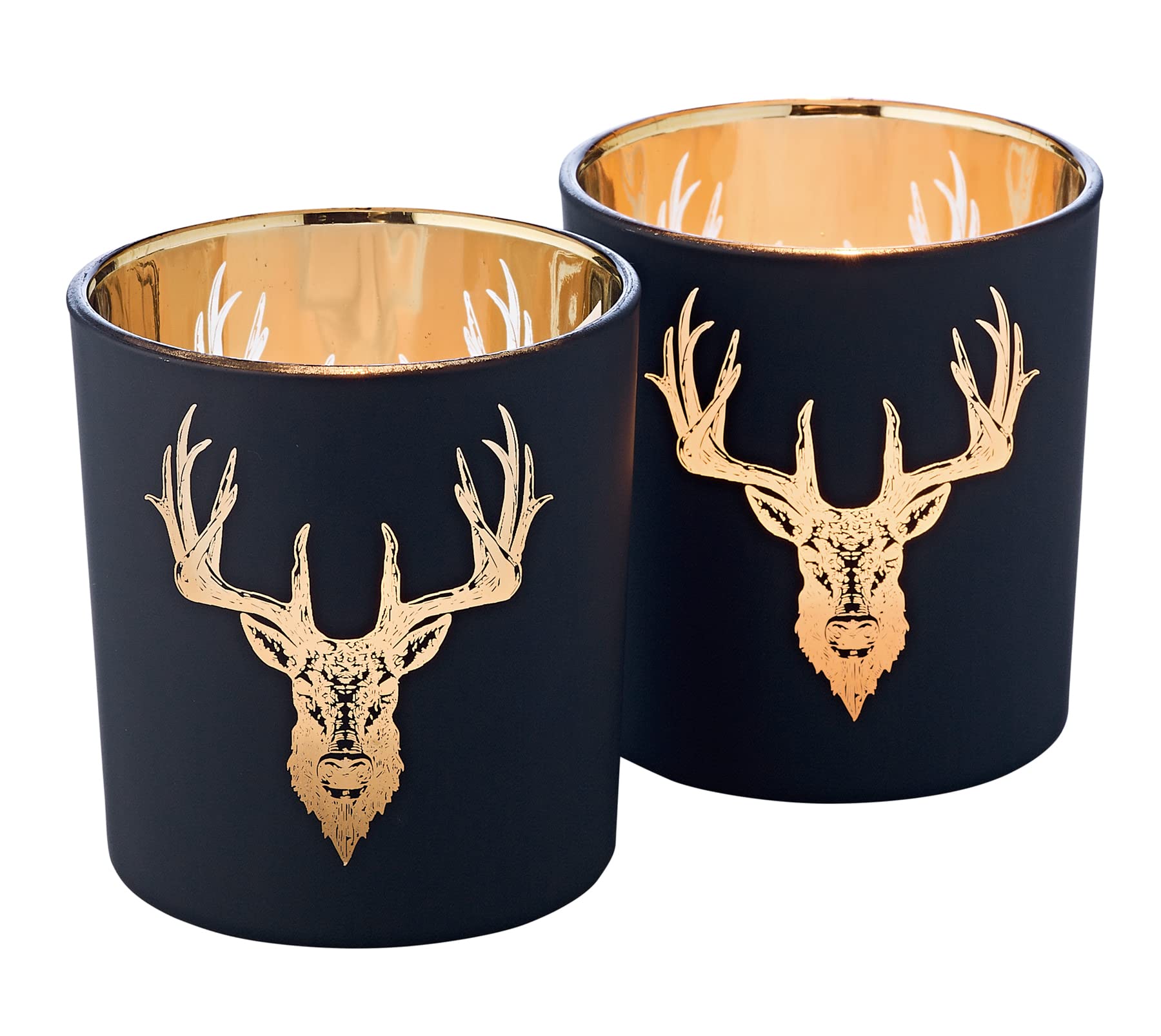 EDZARD tealight holders Lio lantern deer motif, outside matt black/inside gold set of 2 (height 8cm, 7cm)(Silver black, 2 pieces)