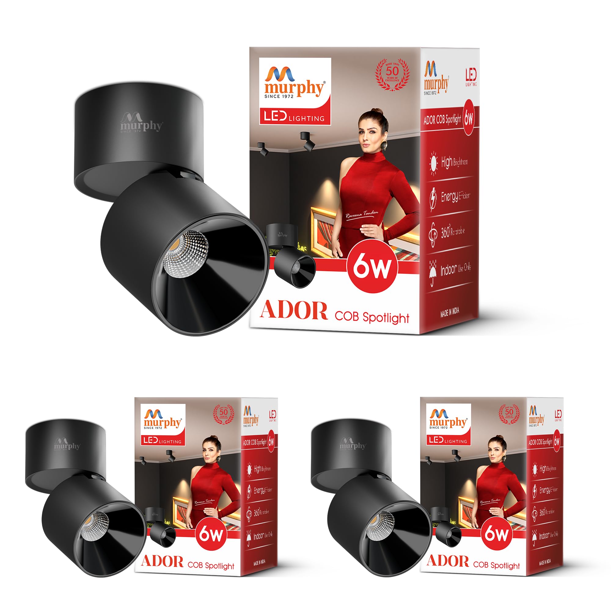 Murphy Ador 6W LED Surface COB Spot Light | Warm White 3000K | 360° Rotatable & 90° Adjustable | Aluminium Body | Black Reflector | BIS Approved | 100 lm/W | 2 Year Warranty | Pack of 3