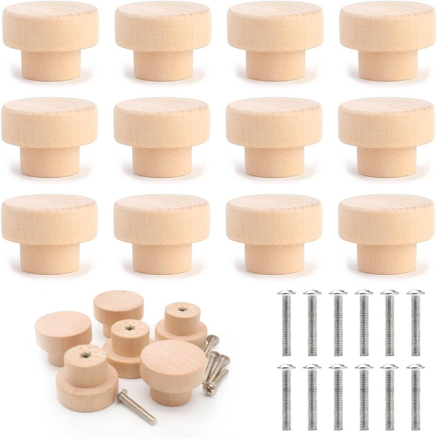Eco-Friendly Wooden Drawer Knobs, Cabinet Hardware Handles - 12 Pcs Set with Screws, Round Handcrafted Cabinet Pulls for Home Decor
