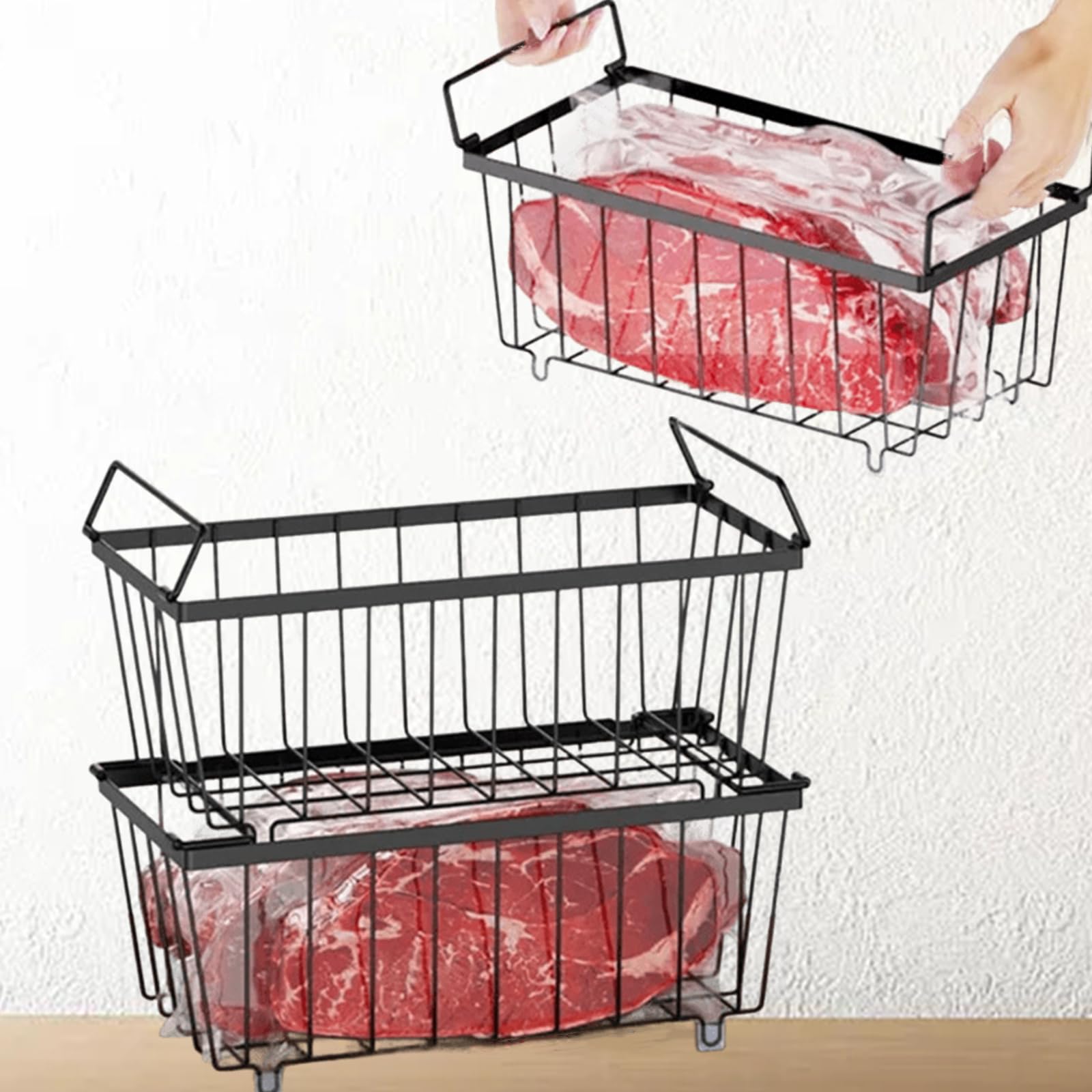Qivine 3 Pezzi Organizer Per Congelatore Impilabile Cestini Per Congelatore Con Maniglia Pieghevole Acciaio Al Carbonio Per Congelatori da 5 e 7 Piedi Cubi 37,2×18,8×14cm