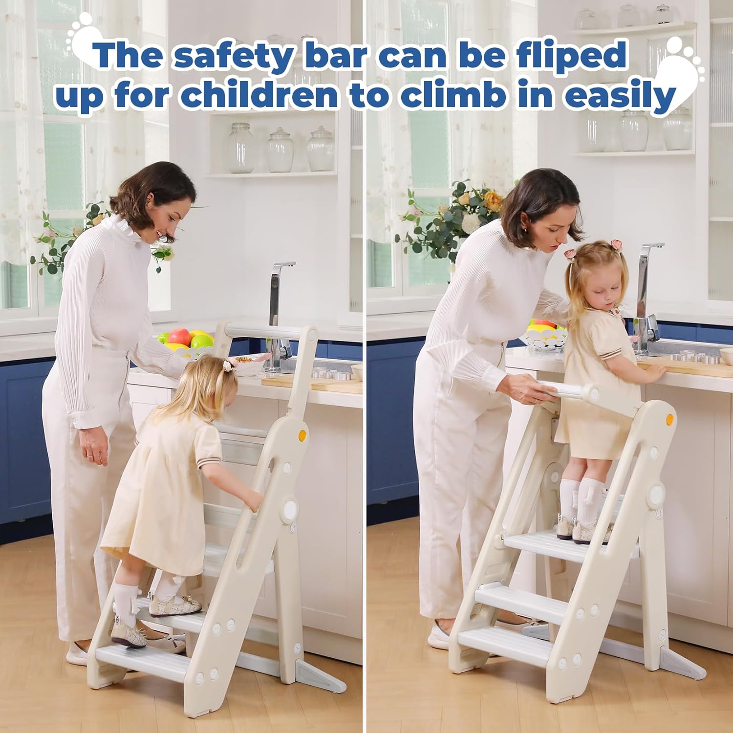 Onasti Toddler Tower Kitchen Stool Helper, Foldable & Adjustable Height Kids Learning Stool for Kitchen Counter Bathroom Sink, Child Ladder for Toddlers with Handles, Safty Rail, Non-Slip Pads-Grey