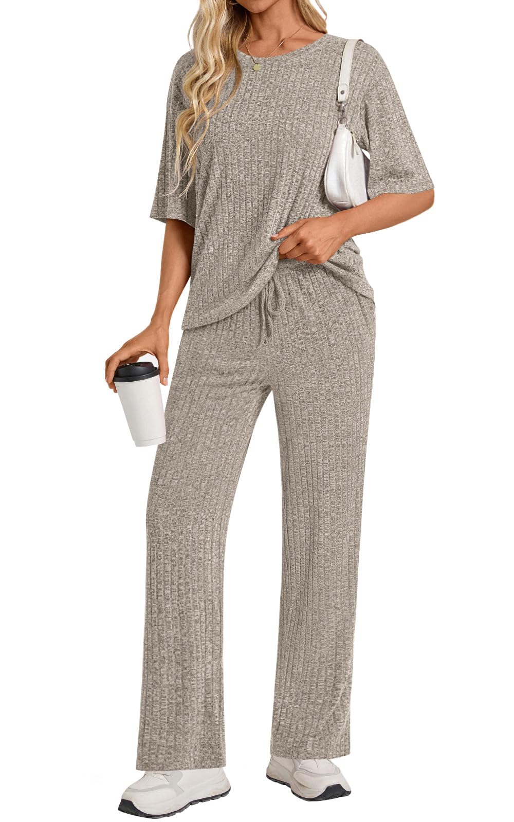 Womens 2 Piece Lounge Sets 2026 Short Sleeve Ribbed Knit Pajamas with Pockets