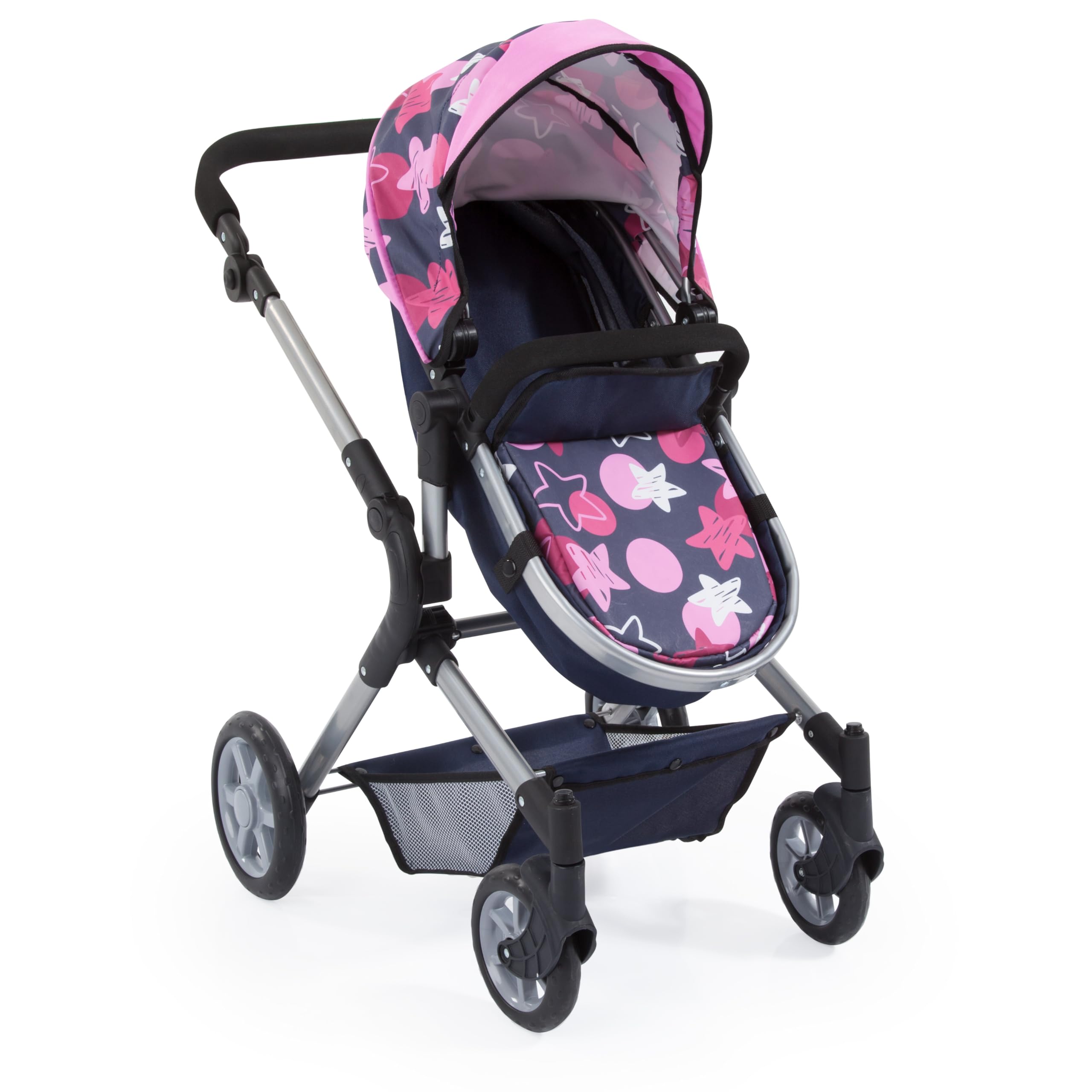 Bayer Design 18169AA Passeggino/Carrozzina per Bambola, regolabile in altezza, pieghevole, blu con motivo a stella