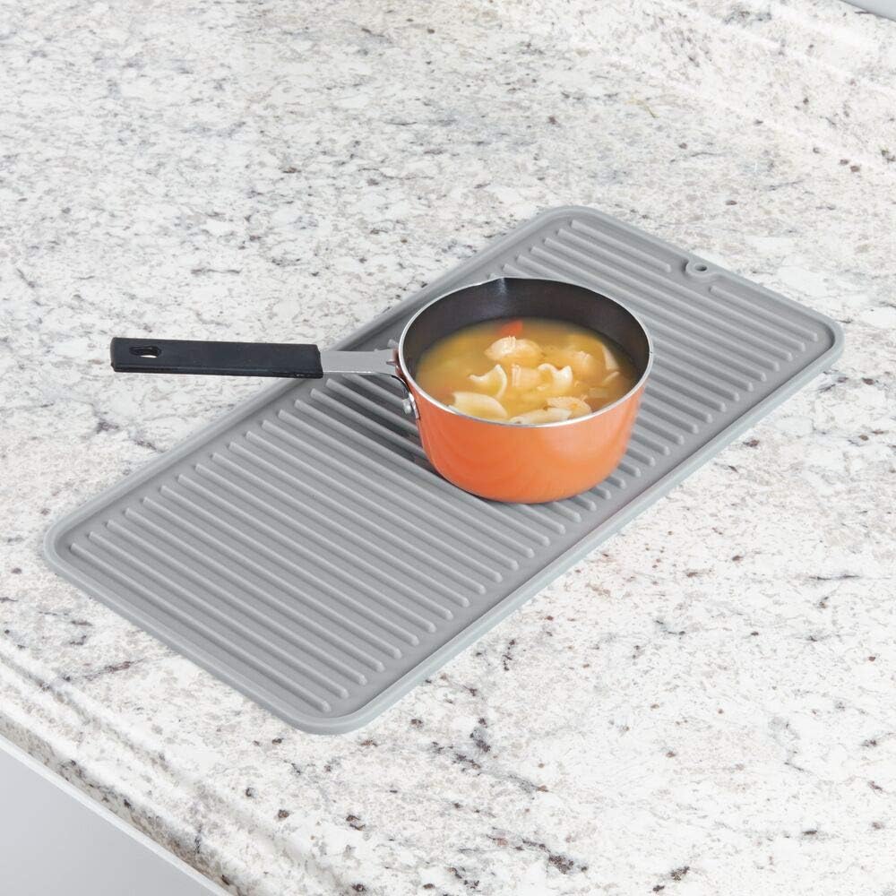 mDesign Silicone Dish Drying Mat and Protector for Kitchen Countertops, Sinks - Ribbed Design - Raised Edges, Non-Slip, Waterproof, Heat Resistant, Dishwasher Safe - Small - Gray
