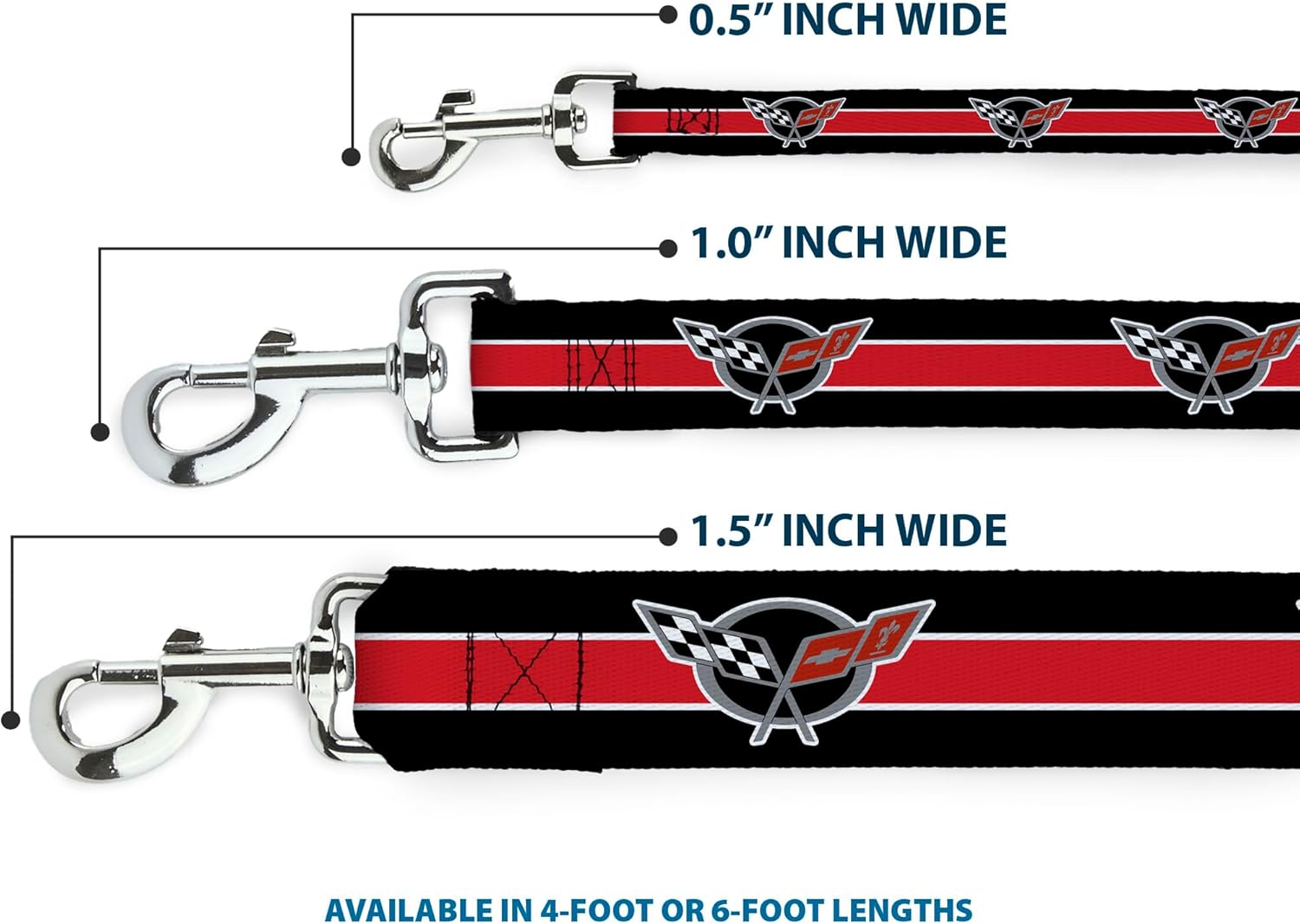 Dog Leash Corvette C5 Logo Stripe Black White Red Gray Repeat 6 Feet Long 1.5 Inch Wide