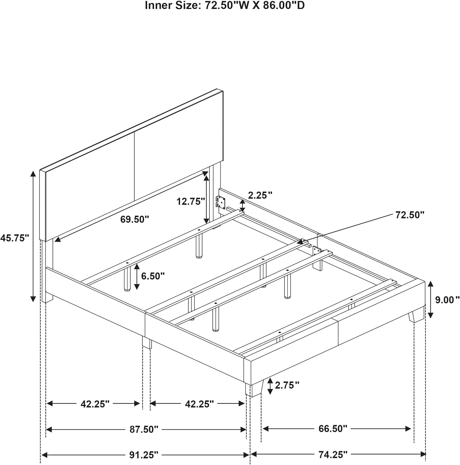 Technical diagram with dimensions for the Coaster Home Furnishings Dorian California King Panel Bed.