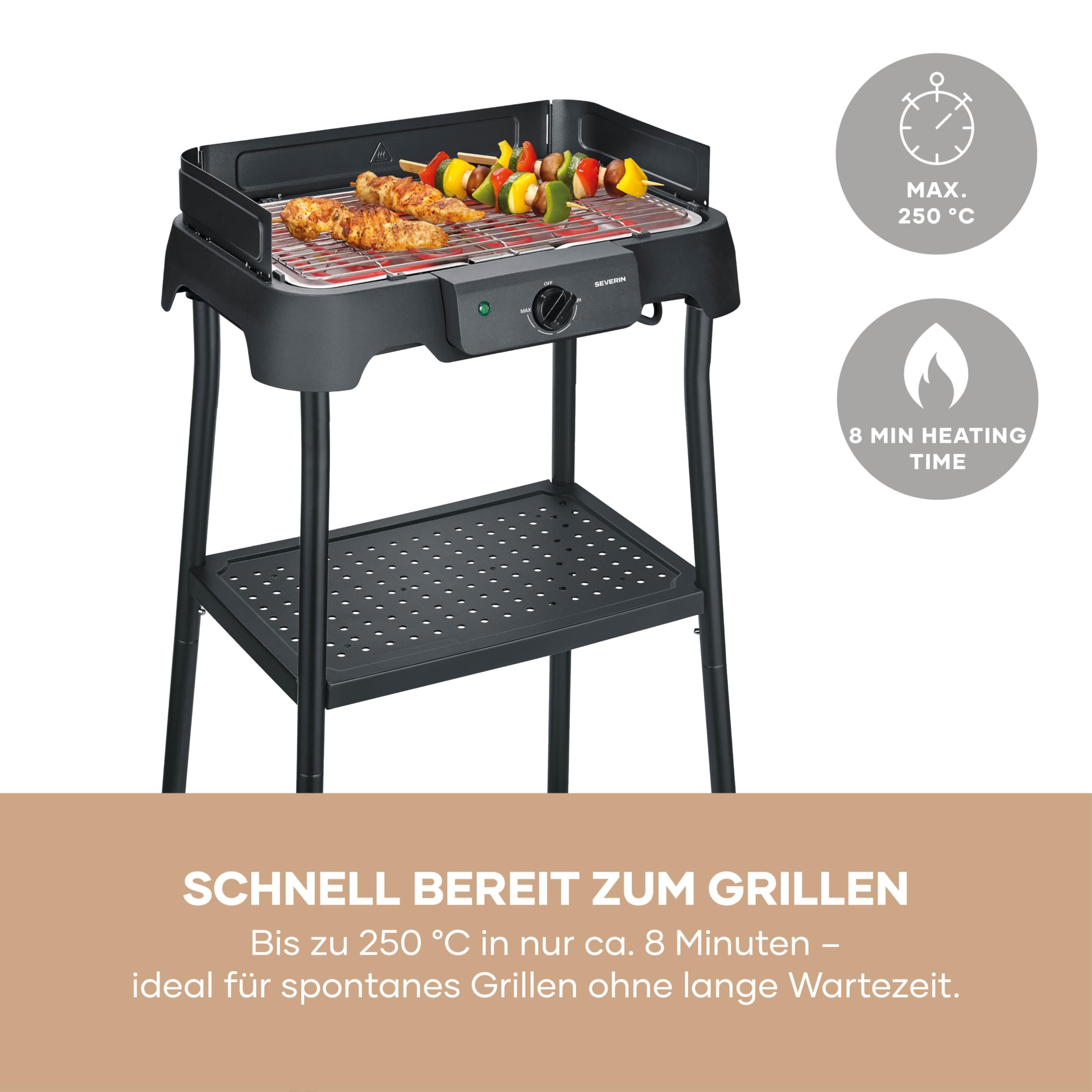 Severin Elektrogrill mit Standfuß, 2000W, 38x22cm, Edelstahl-Grillrost, schwarz