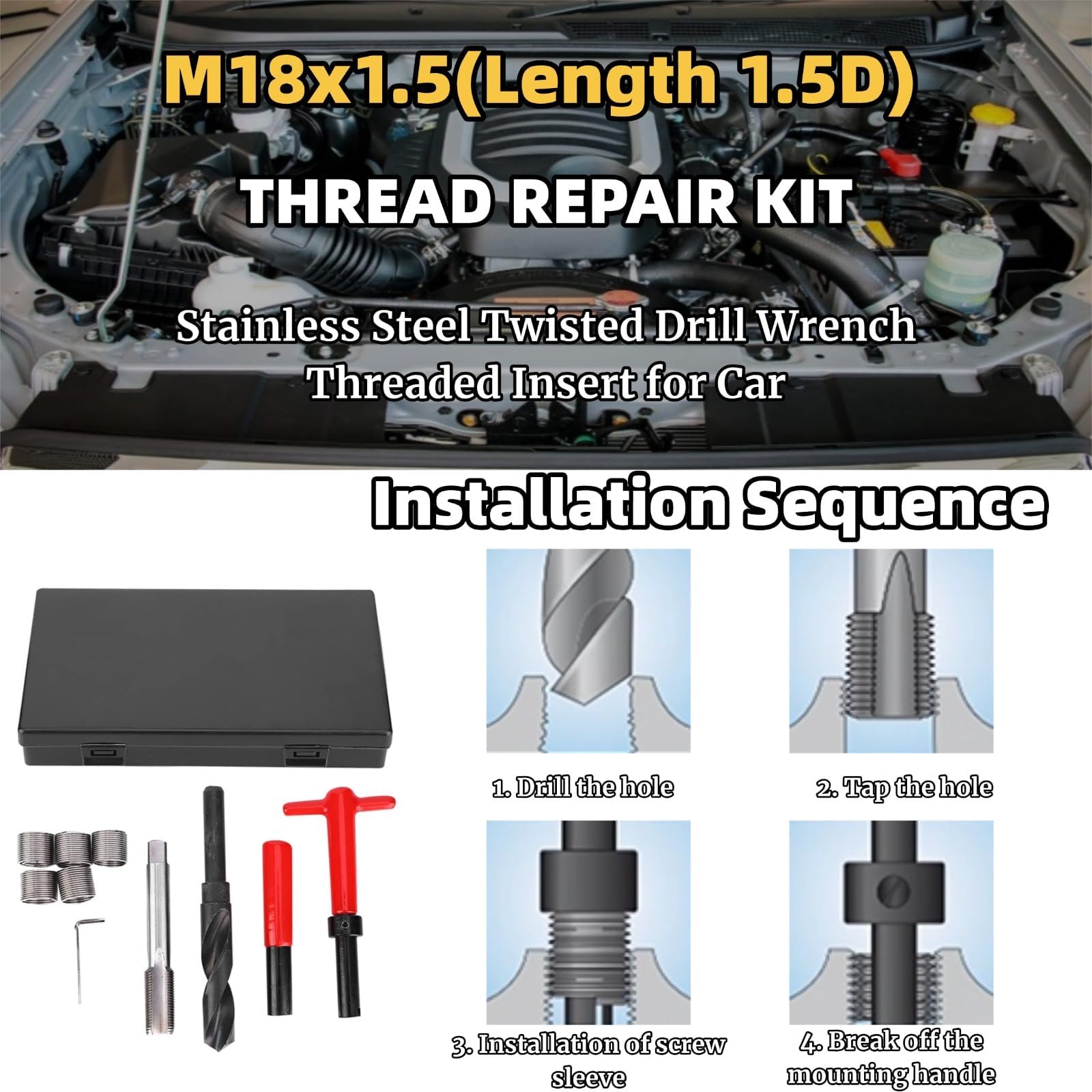 M18 x 1,5 - Set di riparazione filettatura per auto, in acciaio INOX