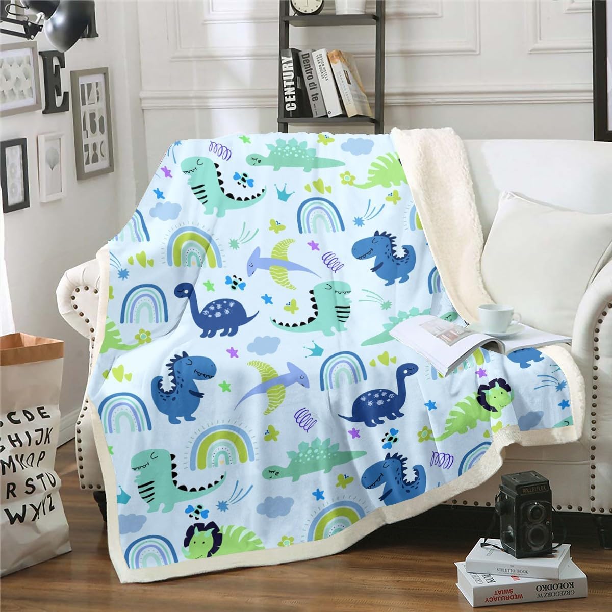 Feelyou Boys Dinosaur Toddler Sherpa Blanket Girls Blue Green Dinosaurs Fleece Throw Blanket Cute Cartoon Dino Rainbow Fuzzy Blanket for Sofa Bed Couch Kids Room Decor,Twin 60x80 Inches