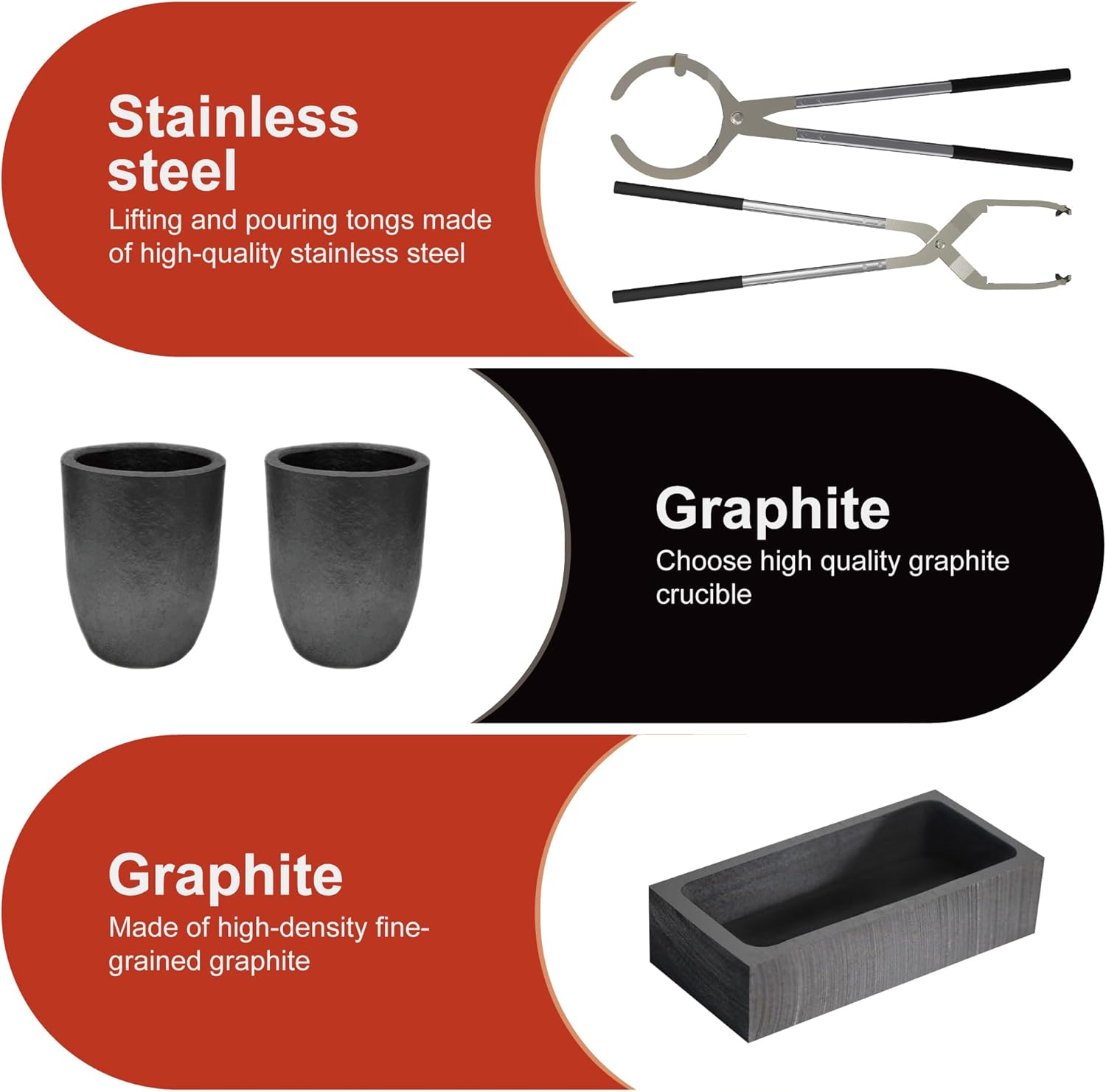 Nelyrho 6kg Crucible Tongs Set Pro with 2 Graphite Crucibles 6kg, 2 Crucible Tongs, Graphite Ingot Mold and Gloves, for Casting Metal