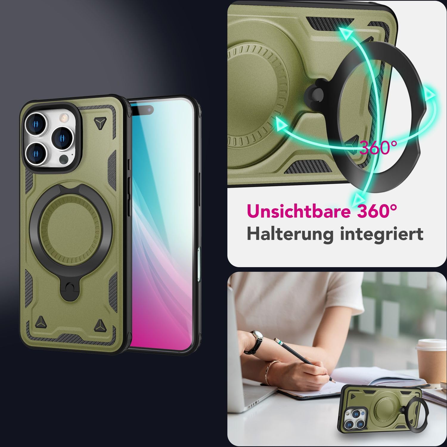 Custodia NALIA Stormguard Per IPhone 16 Pro Max - Magnetica, Anello 360° Incassato, Verde Titanio - 4