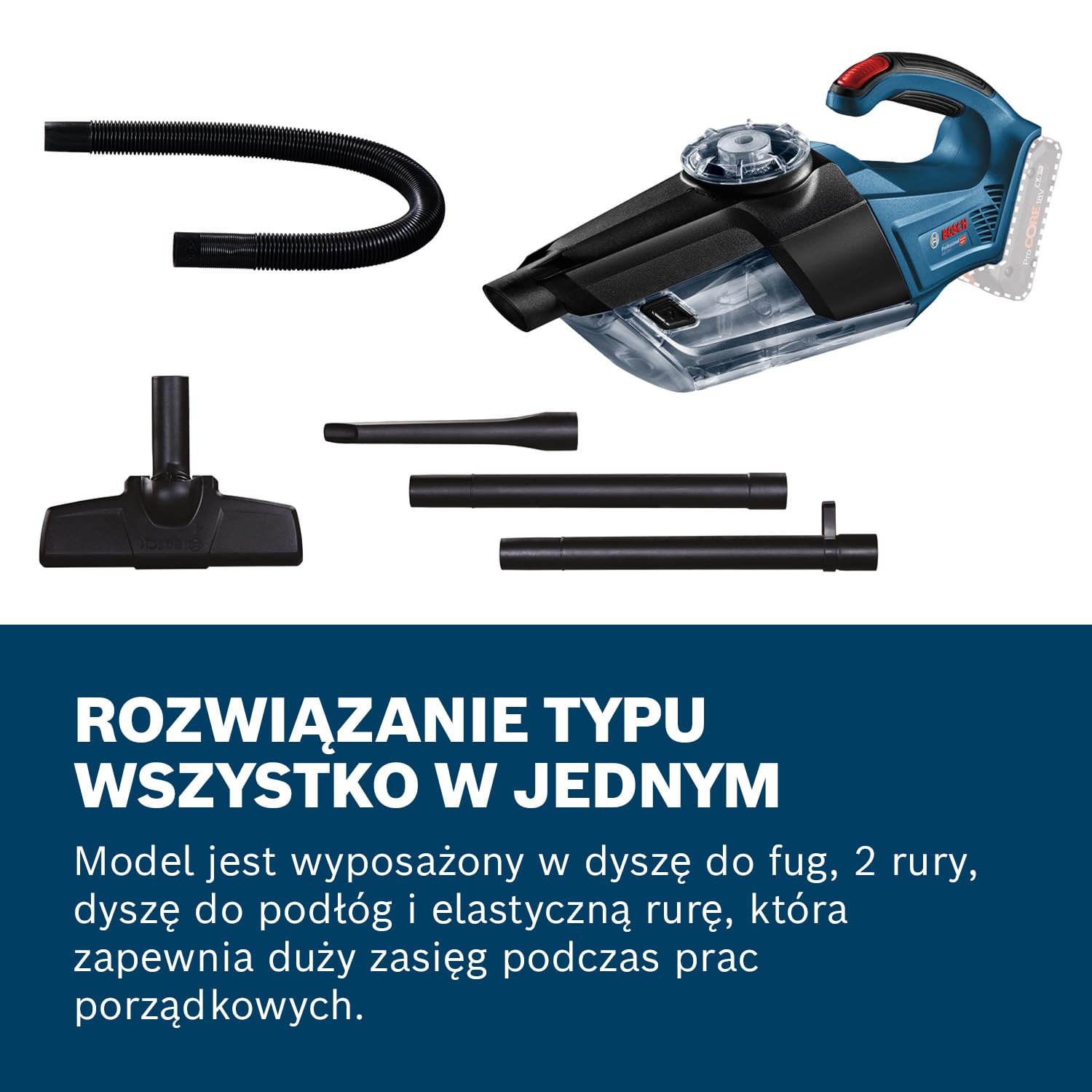 Bosch Professional system 18V: akumulatorowy odkurzacz ręczny GAS 18V-1 (rura, dysza do fug, dysza do dywanów, pojemność zbiornika 1 l)