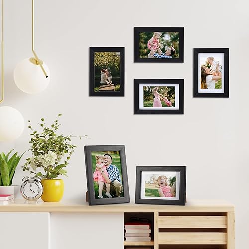 Miniatura 5 de Lavezee Juego de 9 portarretratos de 4 x 6, hechos para mostrar fotos de 3.5 x 5 con paspartú o 4 x 6 sin paspartú para pared y mesa, marcos de