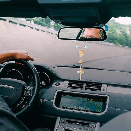 Miniatura 7 de Cobee Rosario de coche para espejo retrovisor, 2 piezas de espejo de automóvil para colgar en cruz, rosario automático, espejo retrovisor,