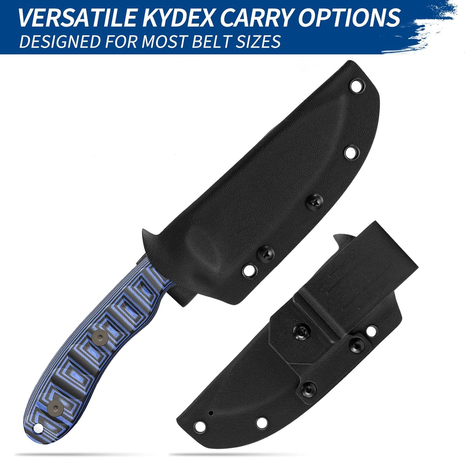 FINTISO Nazar Fixed Blade Knife with Kydex Sheath, 4.24" 14C28N Blade Blue & Black G10 Handles, Titanium-coated, Full Tang Design, Lanyard, for Men Outdoor Activities, Camping, Hiking, EDC Carry.