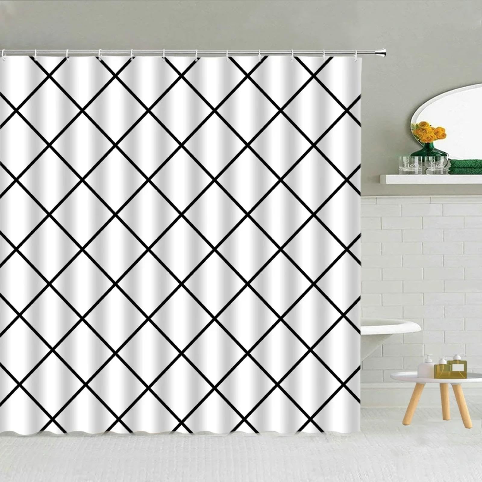 Schwarz-weißer quadratischer Gitter-Duschvorhang, Moderne, einfache, kreative Geometrie, Badezimmer-Stoffvorhänge, Heim-Badewannen-Dekoration, 200 x 180 cm