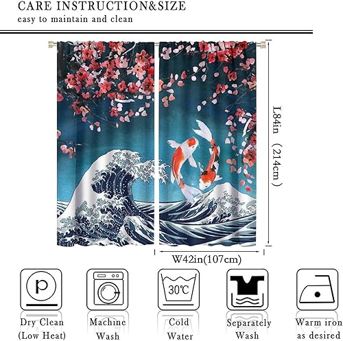 Vista 68 de Cortinas japonesas de pez koi, estilo asiático Koi Big Wave Koi, cortina con bolsillo para cortinero para dormitorio, cocina, sala de estar, Koi