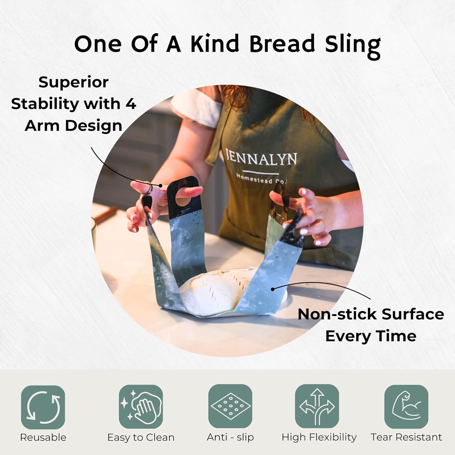 Sourdough Silicone Bread Sling for Dutch Oven - Food-Grade Non-Stick Dough Transfer Tool with 4 Arms, 9" Long, Center Markings - Sourdough Gifts for Bakers