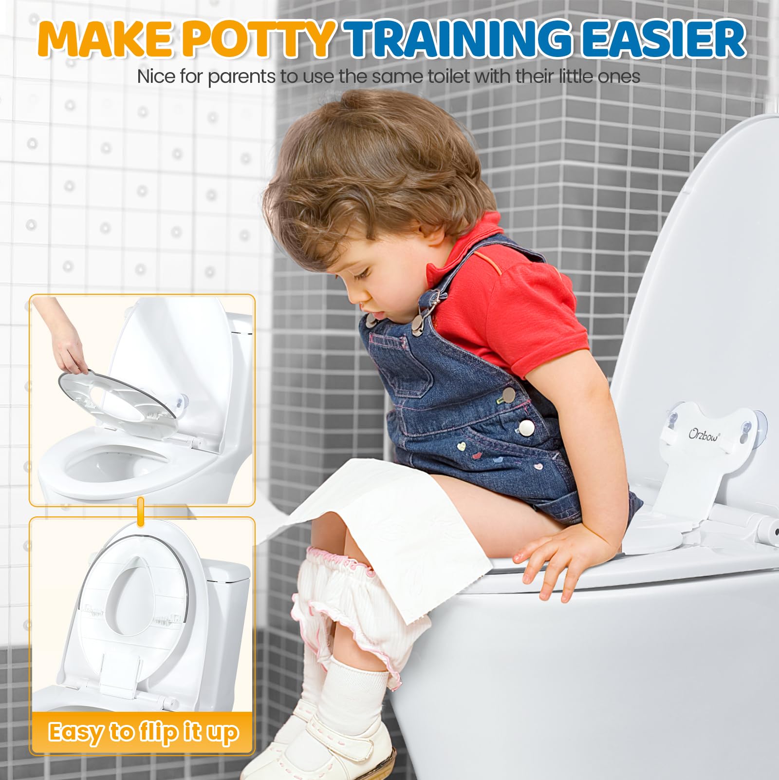 Orzbow Pliable Reducteur Toilette Enfant, Portable Réducteurs de Toilettes avec Barrière à L'urine, Universel Adaptateur Toilette Enfant avec Ventouse, Longueur Ajustable, Facile à Installer, Blanc