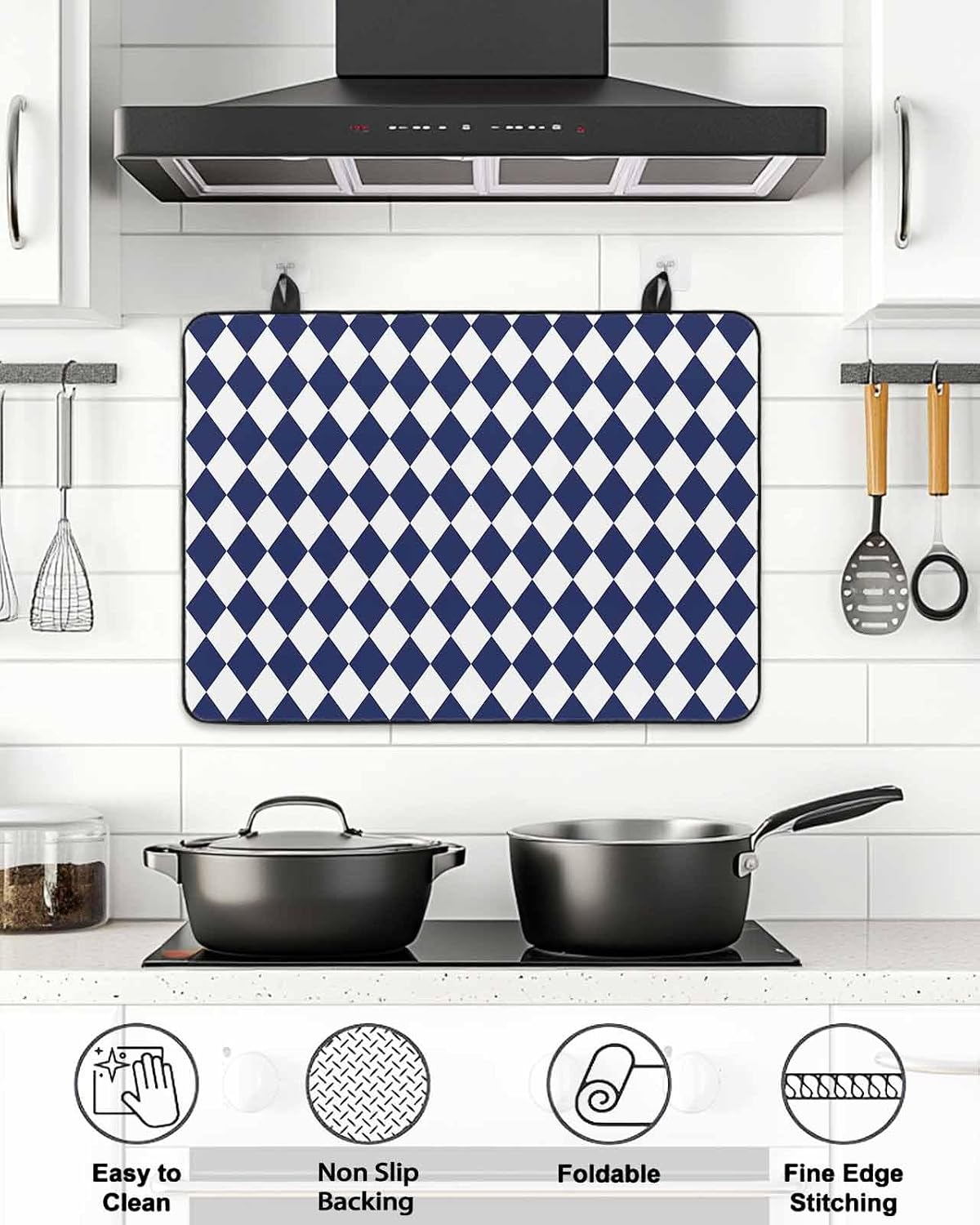 Stove Top Cover Navy Blue Diamond Plaid Stove Cover for Electric Stove Top White Geometric Check Glass Cooktop Covers Anti-Slip Mat Heat R esistant Countertop Protector Kitchen Decor 31"x24"