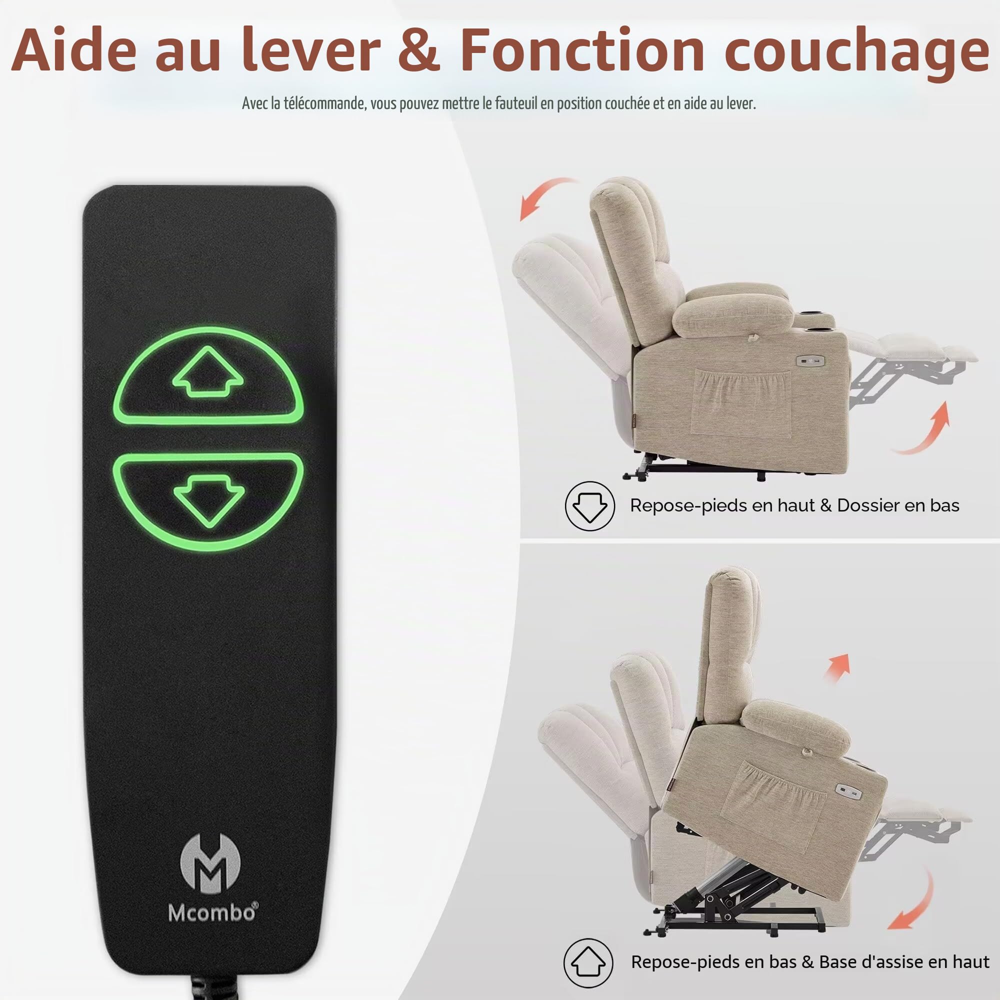 M MCombo Fauteuilavec Aide à se Lever électrique, Fauteuil Relax avec Fonction inclinable, Fauteuil de Massage avec Fonction de Chaleur, pour Le Salon des Seniors, 7102 (Tissu, Beige)