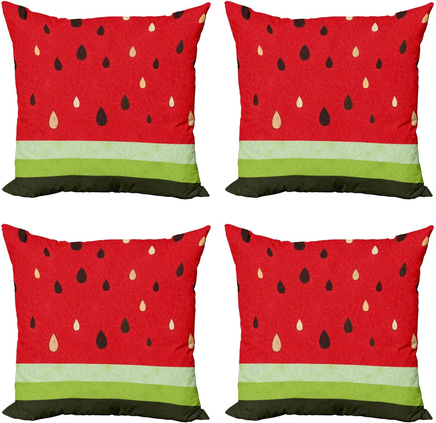 Ambesonne Nature Decorative Throw Pillow Case Pack of 4, Closeup Watermelon with Seeds in Mesh Pattern Ripe Fruit Illustration Print, Cushion Cover for Couch Living Room Car, 20", Black Green and Red